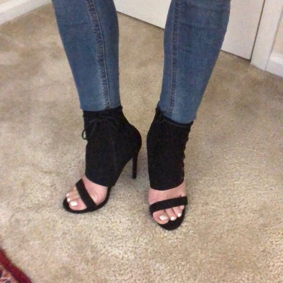 Black Suede Lace-Up Heels - Picture 3 of 4